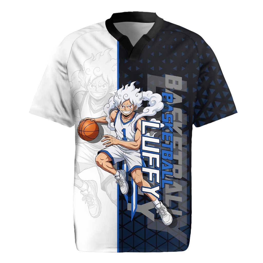 Luffy Gear 5 One Piece Basketball Theme White and Black Design Rugby Jersey with Straw Hat Emblem and Dynamic Action Pose - The Mazicc