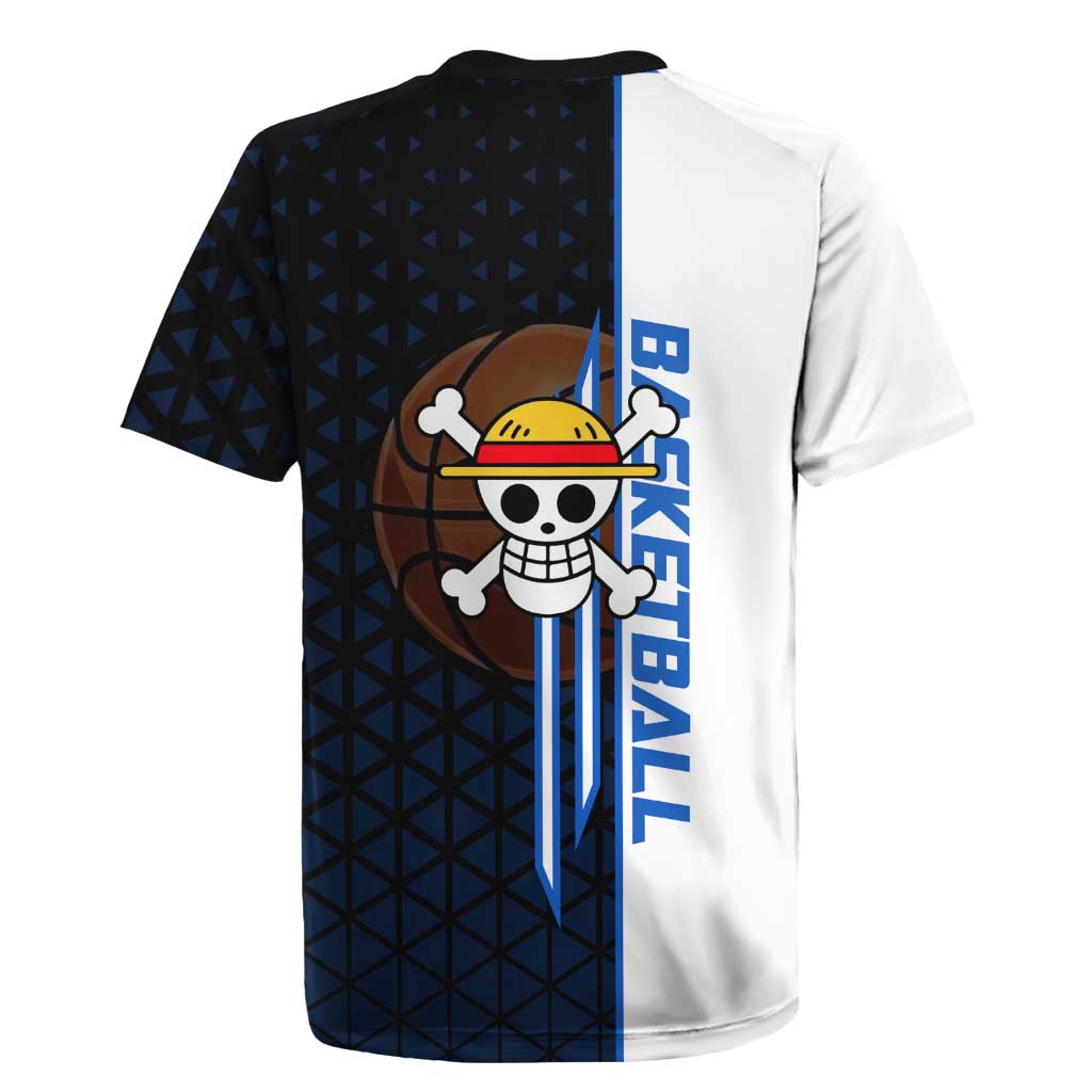 Luffy Gear 5 One Piece Basketball Theme White and Black Design Rugby Jersey with Straw Hat Emblem and Dynamic Action Pose - The Mazicc