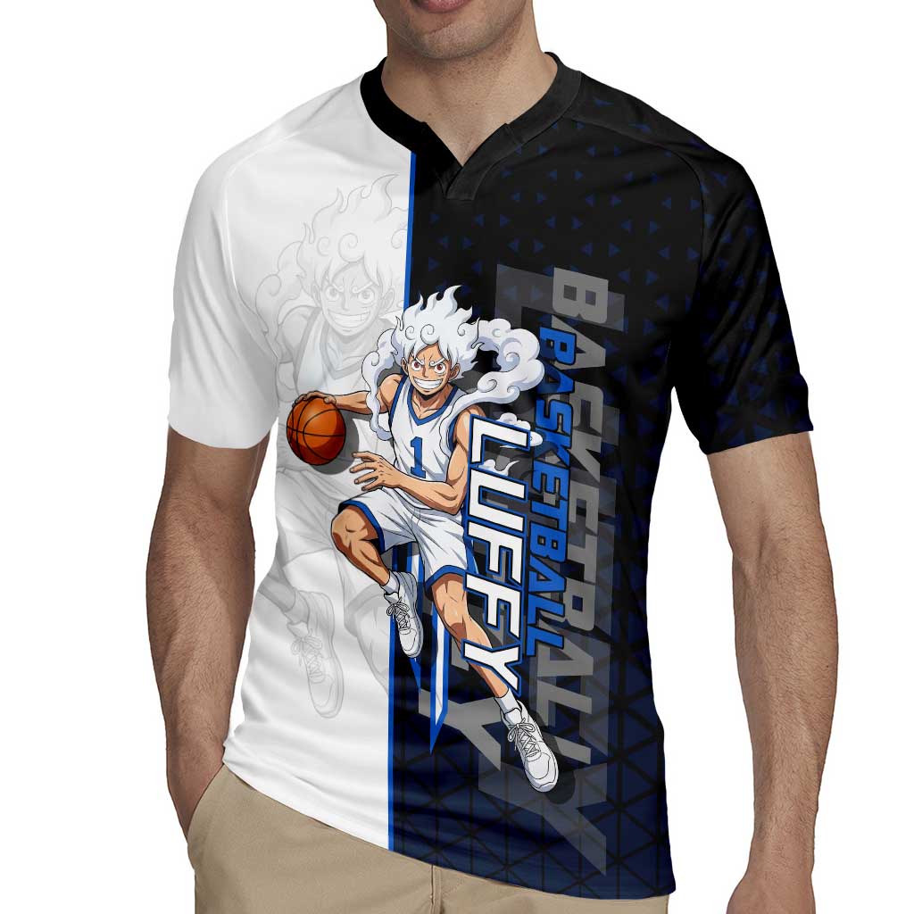 Luffy Gear 5 One Piece Basketball Theme White and Black Design Rugby Jersey with Straw Hat Emblem and Dynamic Action Pose - The Mazicc