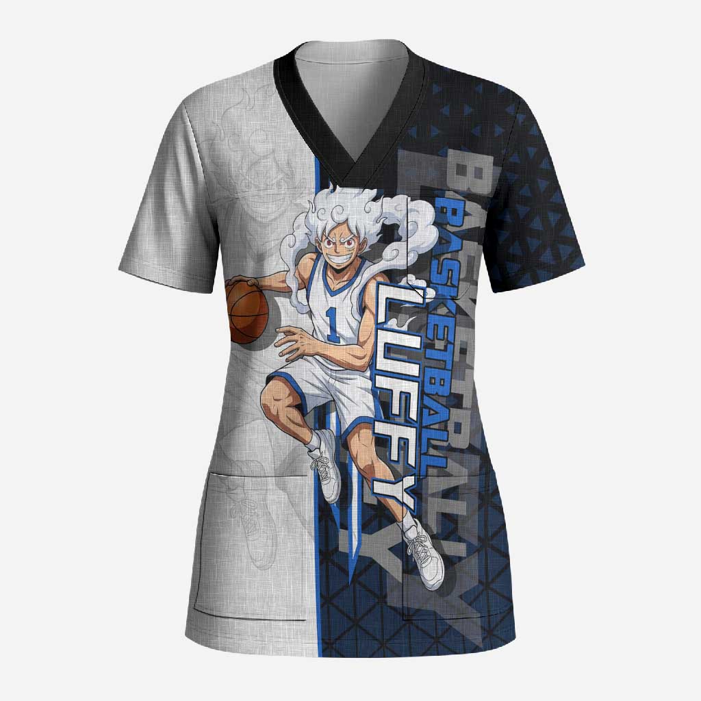 Luffy Gear 5 One Piece Basketball Theme White and Black Design Scrub Top with Straw Hat Emblem and Dynamic Action Pose - The Mazicc