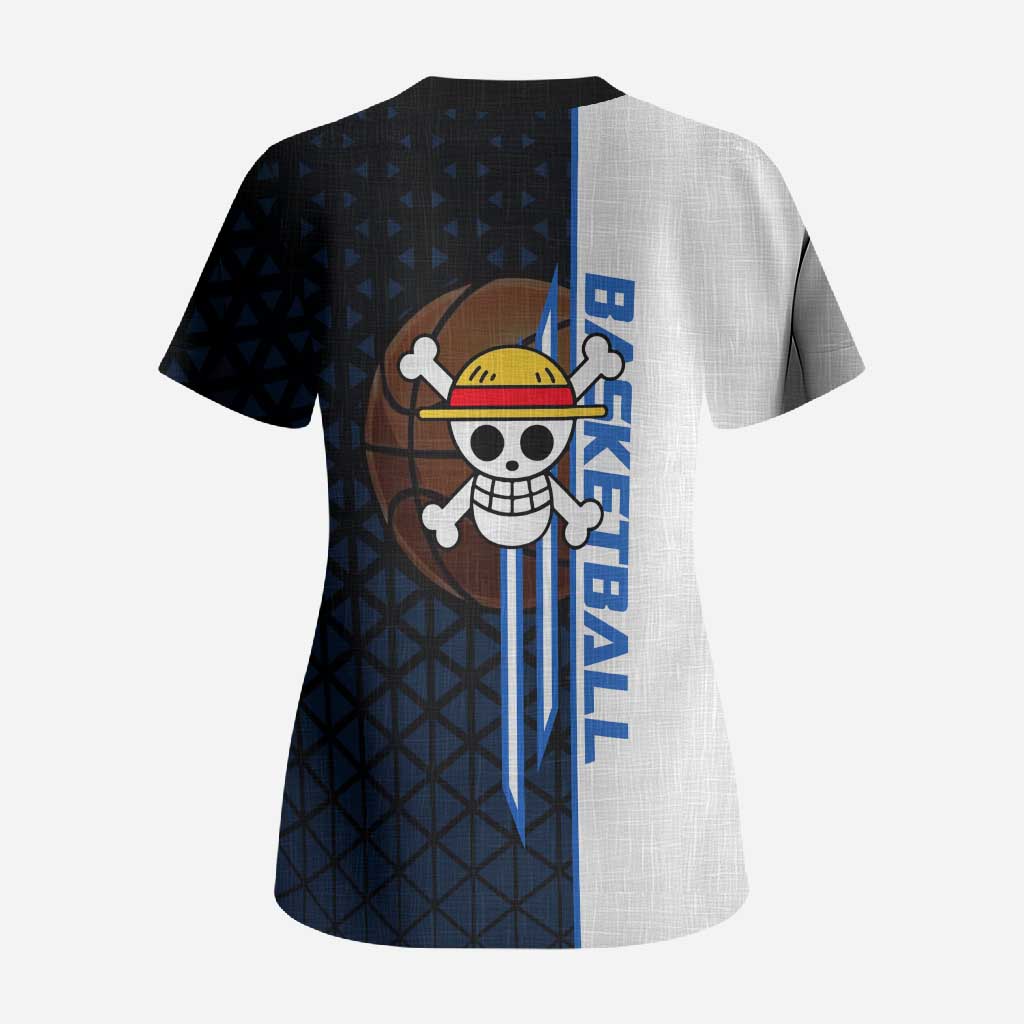 Luffy Gear 5 One Piece Basketball Theme White and Black Design Scrub Top with Straw Hat Emblem and Dynamic Action Pose - The Mazicc