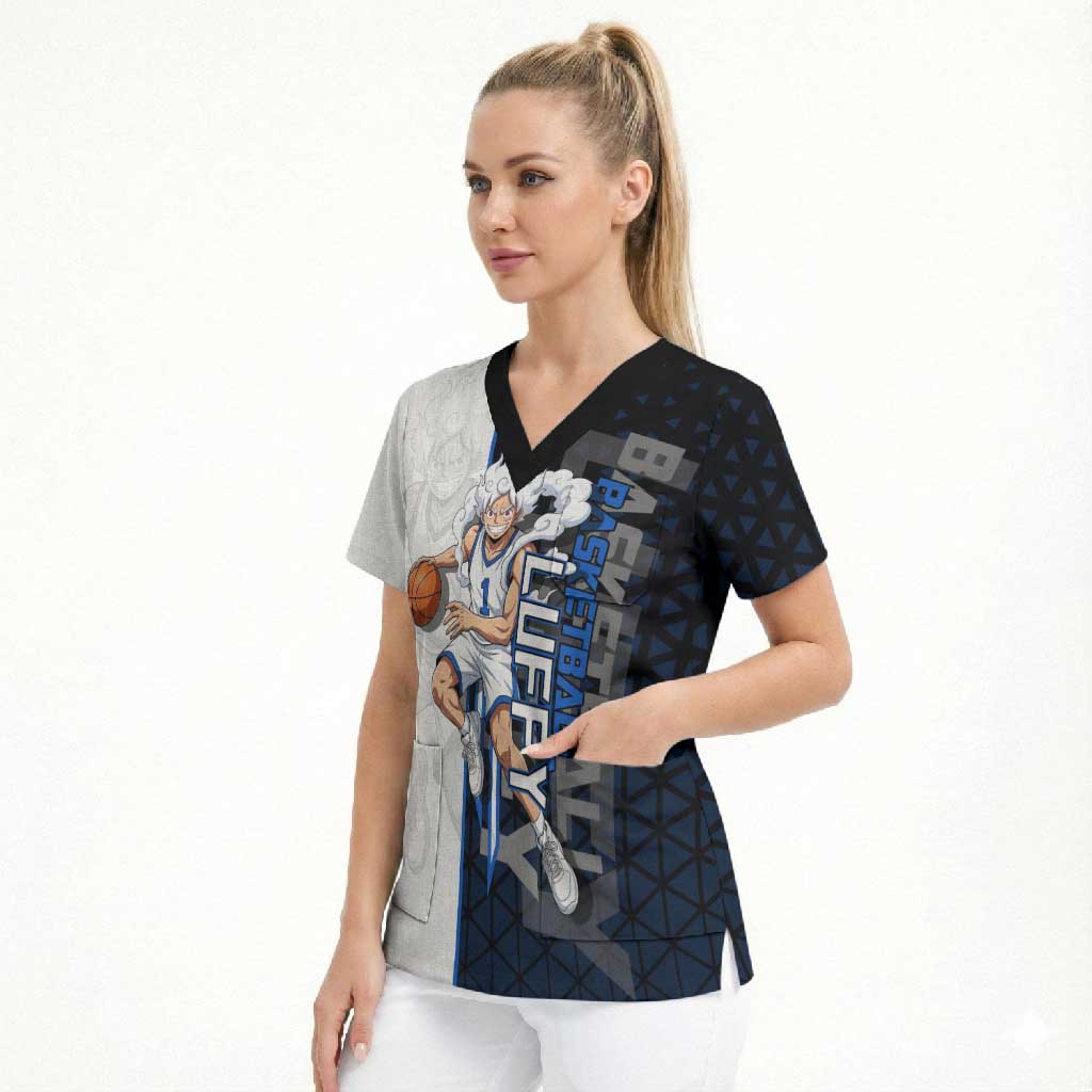 Luffy Gear 5 One Piece Basketball Theme White and Black Design Scrub Top with Straw Hat Emblem and Dynamic Action Pose - The Mazicc