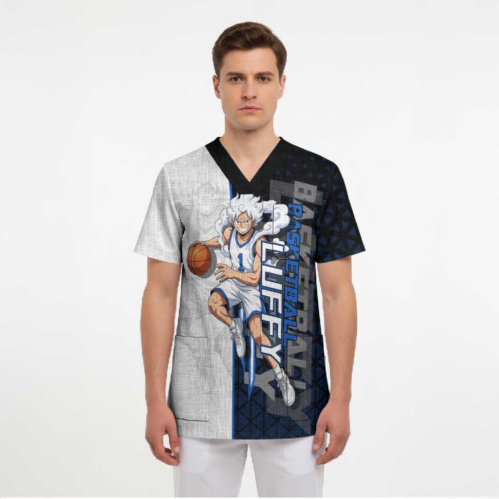 Luffy Gear 5 One Piece Basketball Theme White and Black Design Scrub Top with Straw Hat Emblem and Dynamic Action Pose - The Mazicc