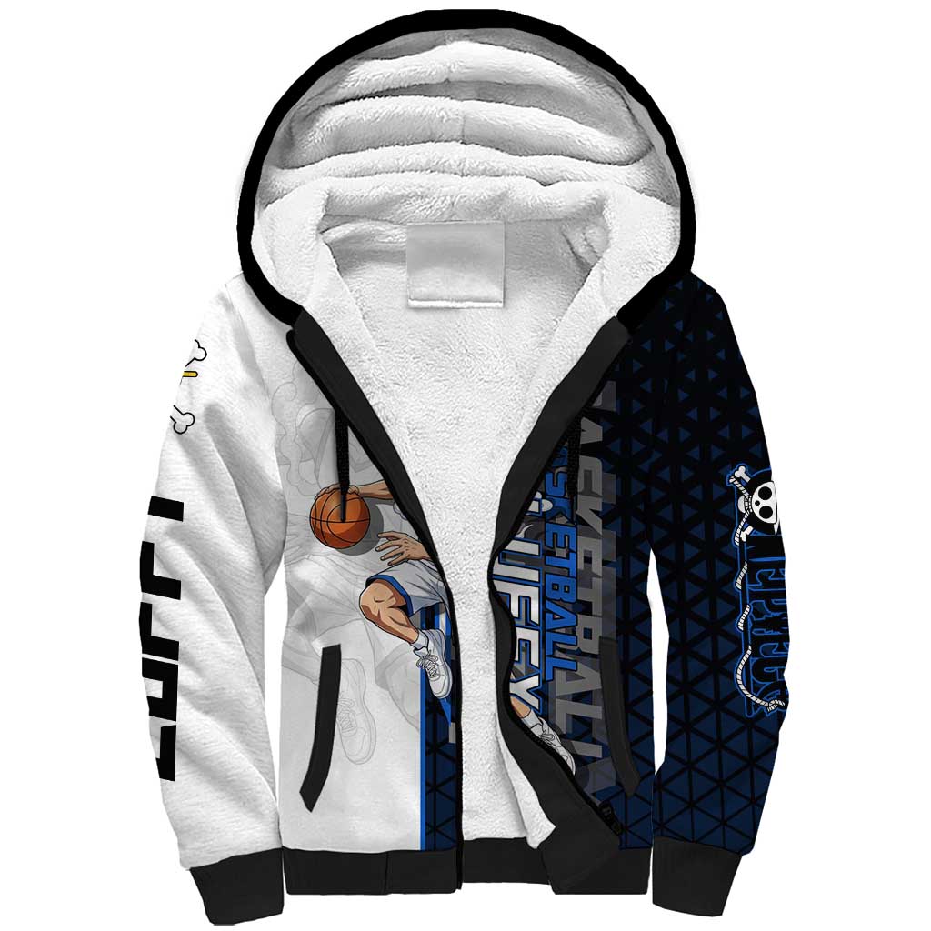 Luffy Gear 5 One Piece Basketball Theme White and Black Design Sherpa Hoodie with Straw Hat Emblem and Dynamic Action Pose - The Mazicc