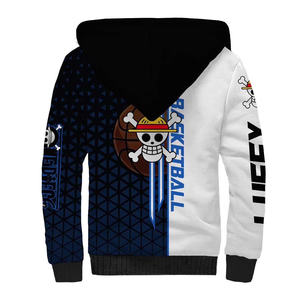 Luffy Gear 5 One Piece Basketball Theme White and Black Design Sherpa Hoodie with Straw Hat Emblem and Dynamic Action Pose - The Mazicc