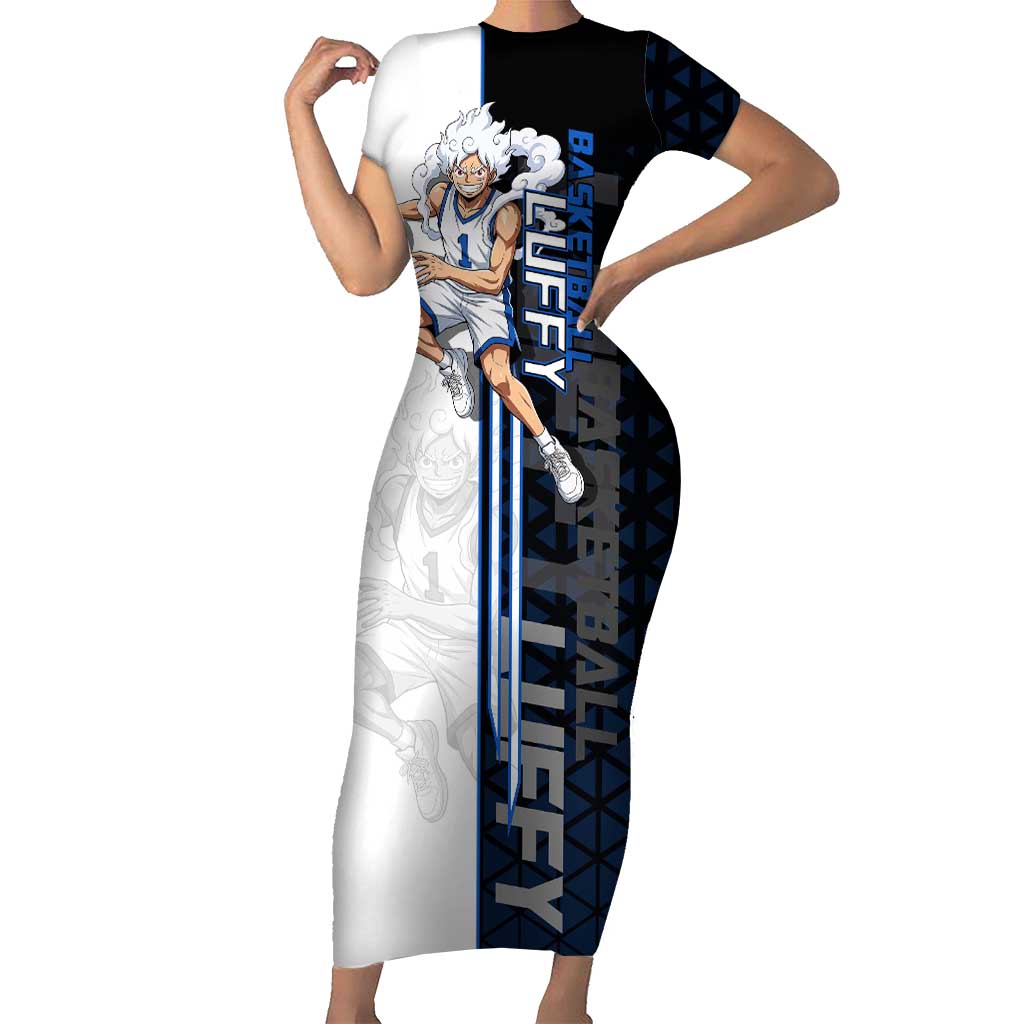 Luffy Gear 5 One Piece Basketball Theme White and Black Design Short Sleeve Bodycon Dress with Straw Hat Emblem and Dynamic Action Pose - The Mazicc