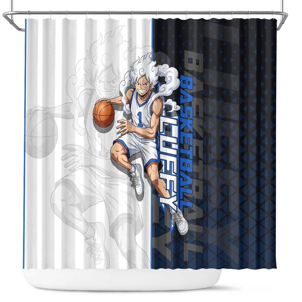 Luffy Gear 5 One Piece Basketball Theme White and Black Design Shower Curtain with Straw Hat Emblem and Dynamic Action Pose - The Mazicc