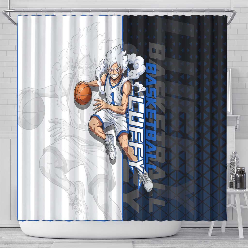 Luffy Gear 5 One Piece Basketball Theme White and Black Design Shower Curtain with Straw Hat Emblem and Dynamic Action Pose - The Mazicc