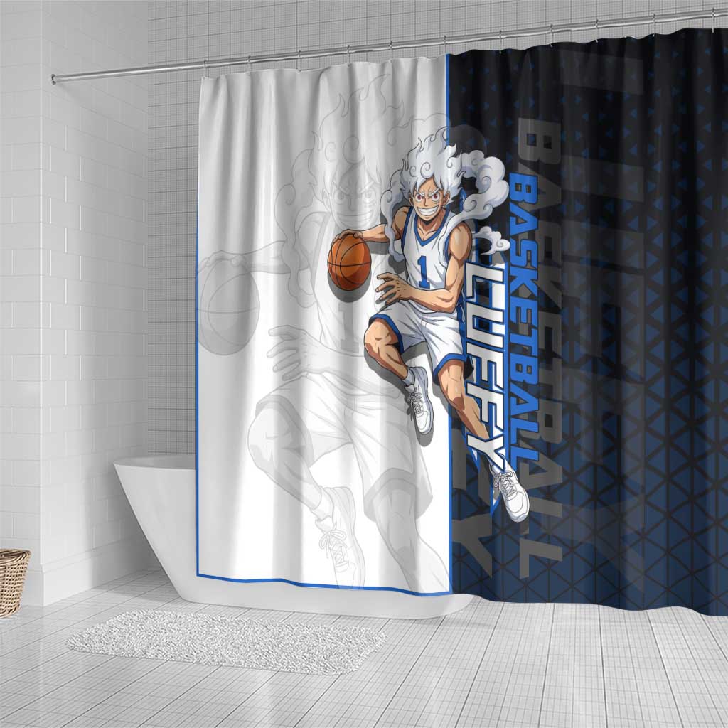 Luffy Gear 5 One Piece Basketball Theme White and Black Design Shower Curtain with Straw Hat Emblem and Dynamic Action Pose - The Mazicc