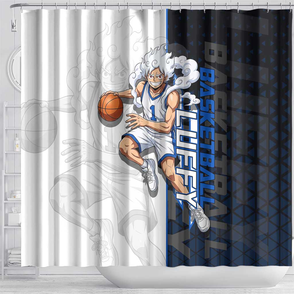 Luffy Gear 5 One Piece Basketball Theme White and Black Design Shower Curtain with Straw Hat Emblem and Dynamic Action Pose - The Mazicc