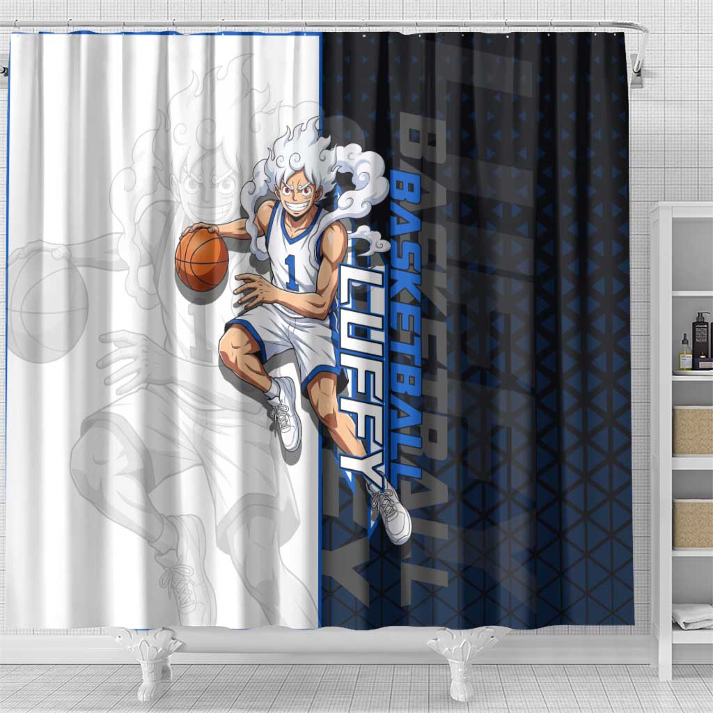 Luffy Gear 5 One Piece Basketball Theme White and Black Design Shower Curtain with Straw Hat Emblem and Dynamic Action Pose - The Mazicc