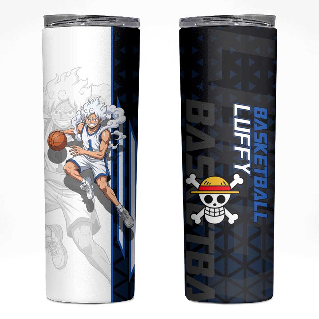 Luffy Gear 5 One Piece Basketball Theme White and Black Design Skinny Tumbler with Straw Hat Emblem and Dynamic Action Pose - The Mazicc
