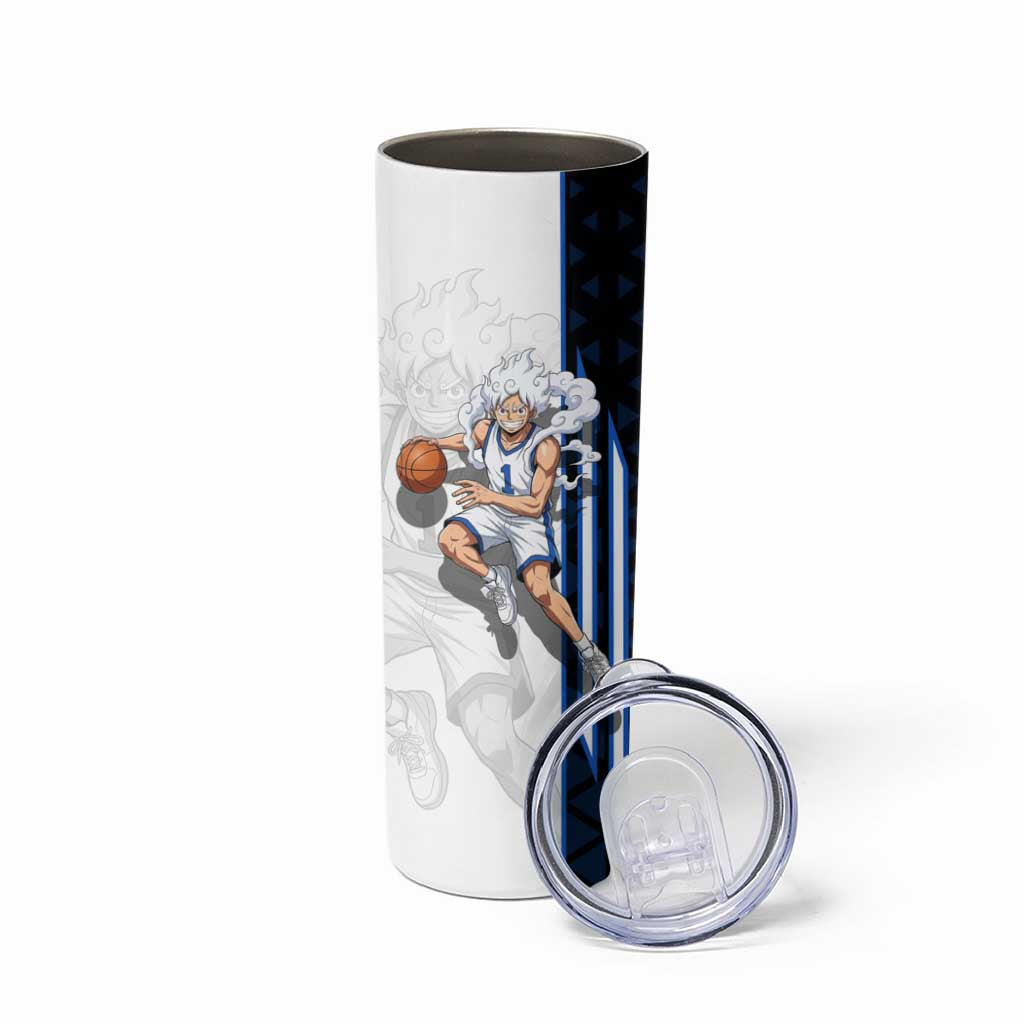 Luffy Gear 5 One Piece Basketball Theme White and Black Design Skinny Tumbler with Straw Hat Emblem and Dynamic Action Pose - The Mazicc