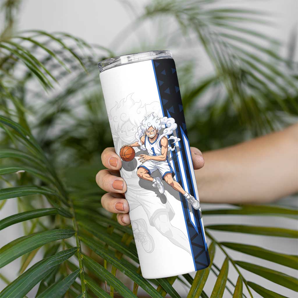 Luffy Gear 5 One Piece Basketball Theme White and Black Design Skinny Tumbler with Straw Hat Emblem and Dynamic Action Pose - The Mazicc