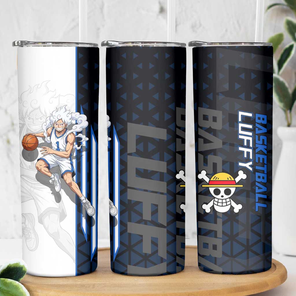 Luffy Gear 5 One Piece Basketball Theme White and Black Design Skinny Tumbler with Straw Hat Emblem and Dynamic Action Pose - The Mazicc