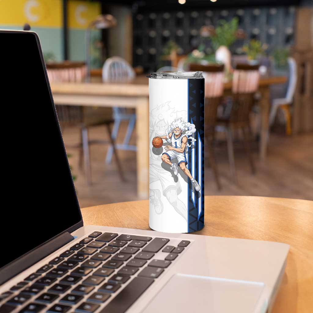 Luffy Gear 5 One Piece Basketball Theme White and Black Design Skinny Tumbler with Straw Hat Emblem and Dynamic Action Pose - The Mazicc