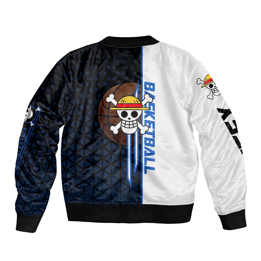 Luffy Gear 5 One Piece Basketball Theme White and Black Design Sleeve Zip Bomber Jacket with Straw Hat Emblem and Dynamic Action Pose - The Mazicc