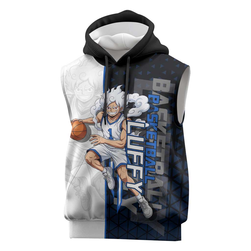 Luffy Gear 5 One Piece Basketball Theme White and Black Design Sleeveless Hoodie with Straw Hat Emblem and Dynamic Action Pose - The Mazicc