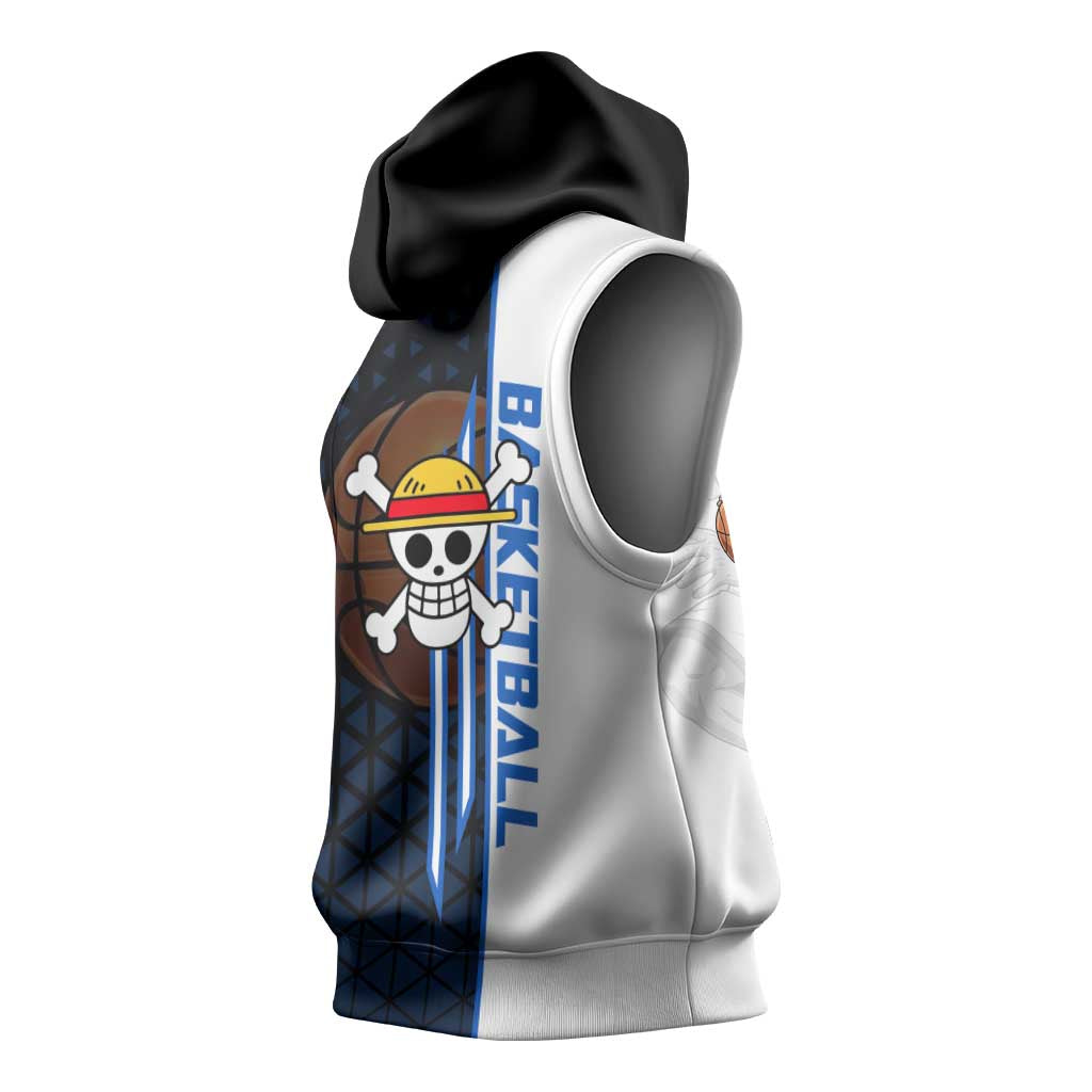 Luffy Gear 5 One Piece Basketball Theme White and Black Design Sleeveless Hoodie with Straw Hat Emblem and Dynamic Action Pose - The Mazicc