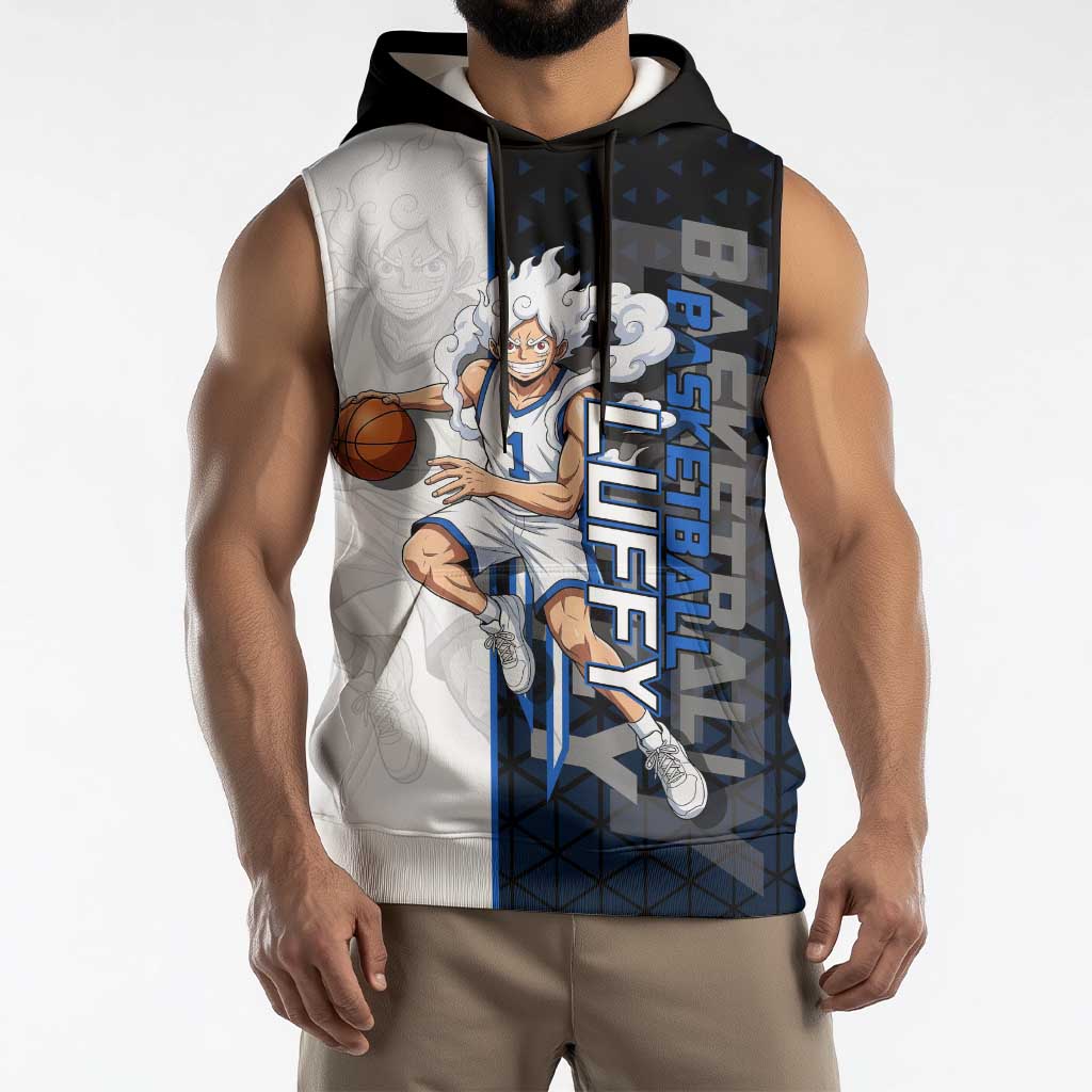 Luffy Gear 5 One Piece Basketball Theme White and Black Design Sleeveless Hoodie with Straw Hat Emblem and Dynamic Action Pose - The Mazicc