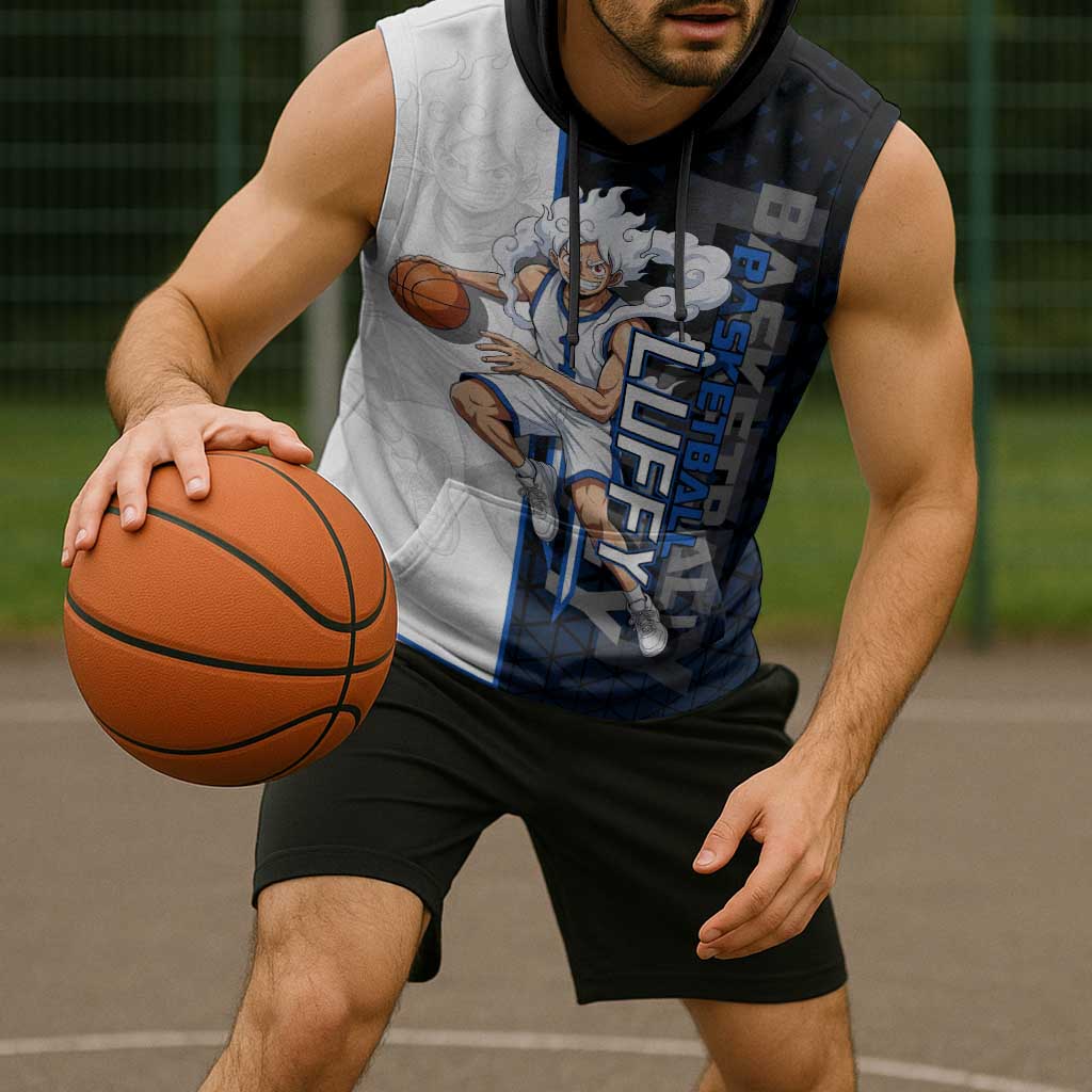 Luffy Gear 5 One Piece Basketball Theme White and Black Design Sleeveless Hoodie with Straw Hat Emblem and Dynamic Action Pose - The Mazicc