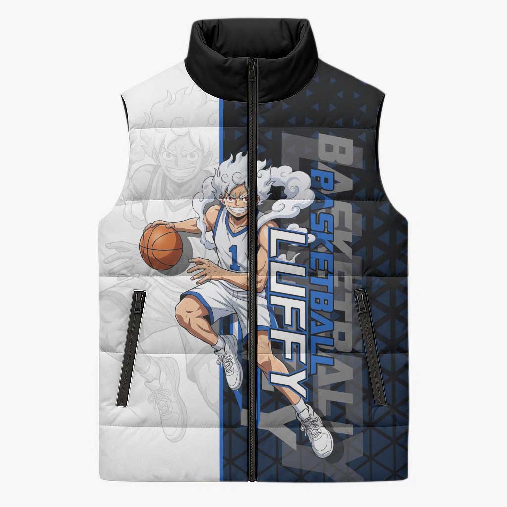 Luffy Gear 5 One Piece Basketball Theme White and Black Design Sleeveless Puffer Jacket with Straw Hat Emblem and Dynamic Action Pose - The Mazicc