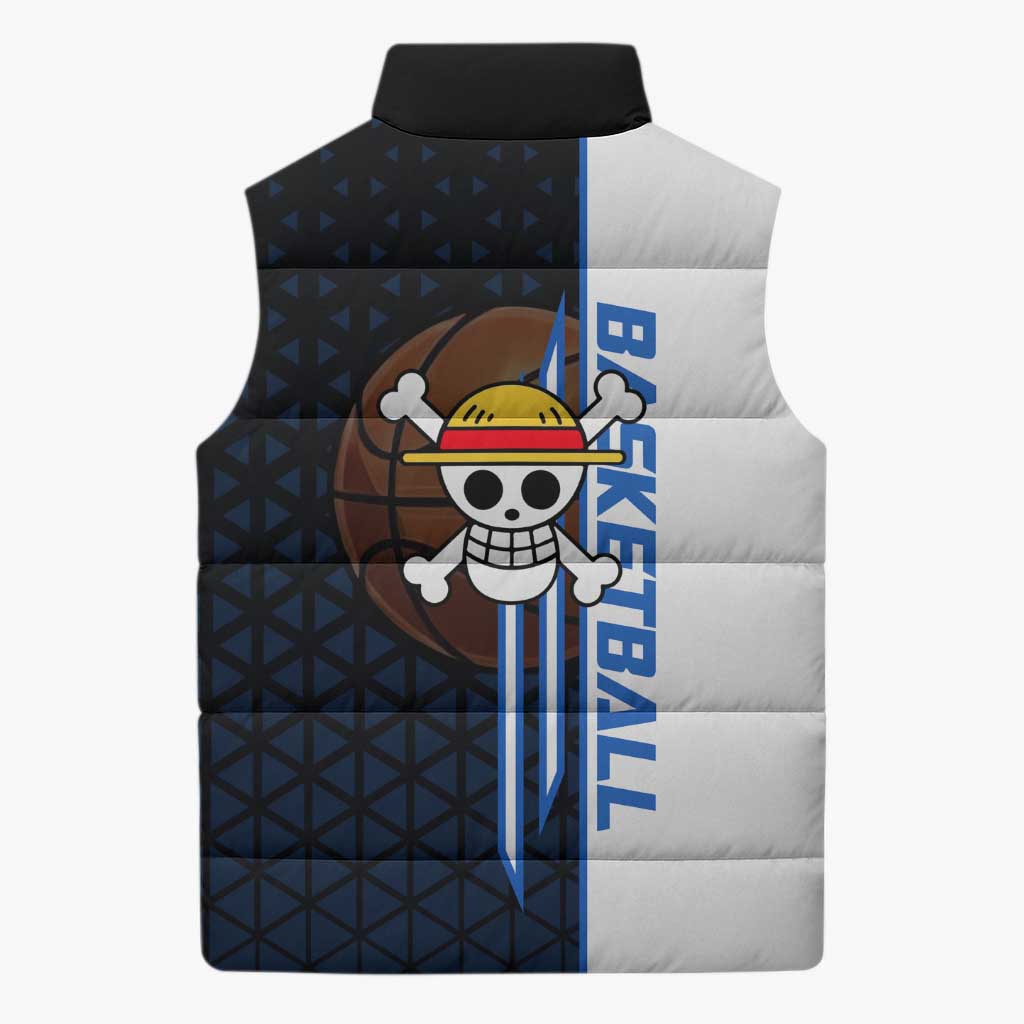Luffy Gear 5 One Piece Basketball Theme White and Black Design Sleeveless Puffer Jacket with Straw Hat Emblem and Dynamic Action Pose - The Mazicc