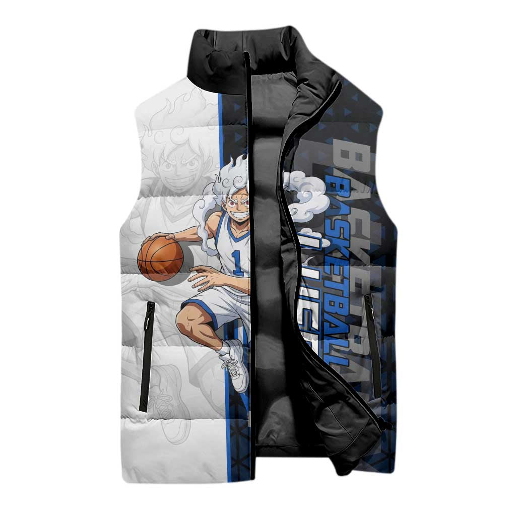 Luffy Gear 5 One Piece Basketball Theme White and Black Design Sleeveless Puffer Jacket with Straw Hat Emblem and Dynamic Action Pose - The Mazicc