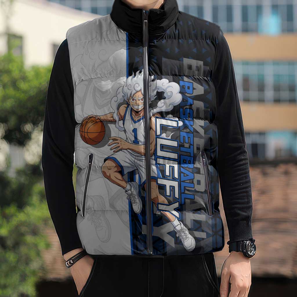 Luffy Gear 5 One Piece Basketball Theme White and Black Design Sleeveless Puffer Jacket with Straw Hat Emblem and Dynamic Action Pose - The Mazicc