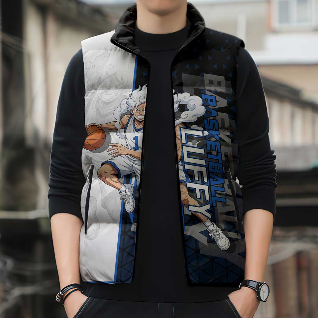 Luffy Gear 5 One Piece Basketball Theme White and Black Design Sleeveless Puffer Jacket with Straw Hat Emblem and Dynamic Action Pose - The Mazicc