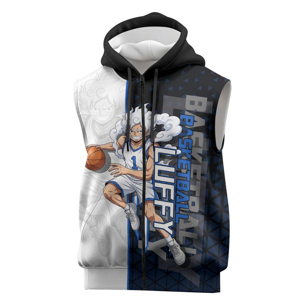 Luffy Gear 5 One Piece Basketball Theme White and Black Design Sleeveless Zip Hoodie with Straw Hat Emblem and Dynamic Action Pose - The Mazicc