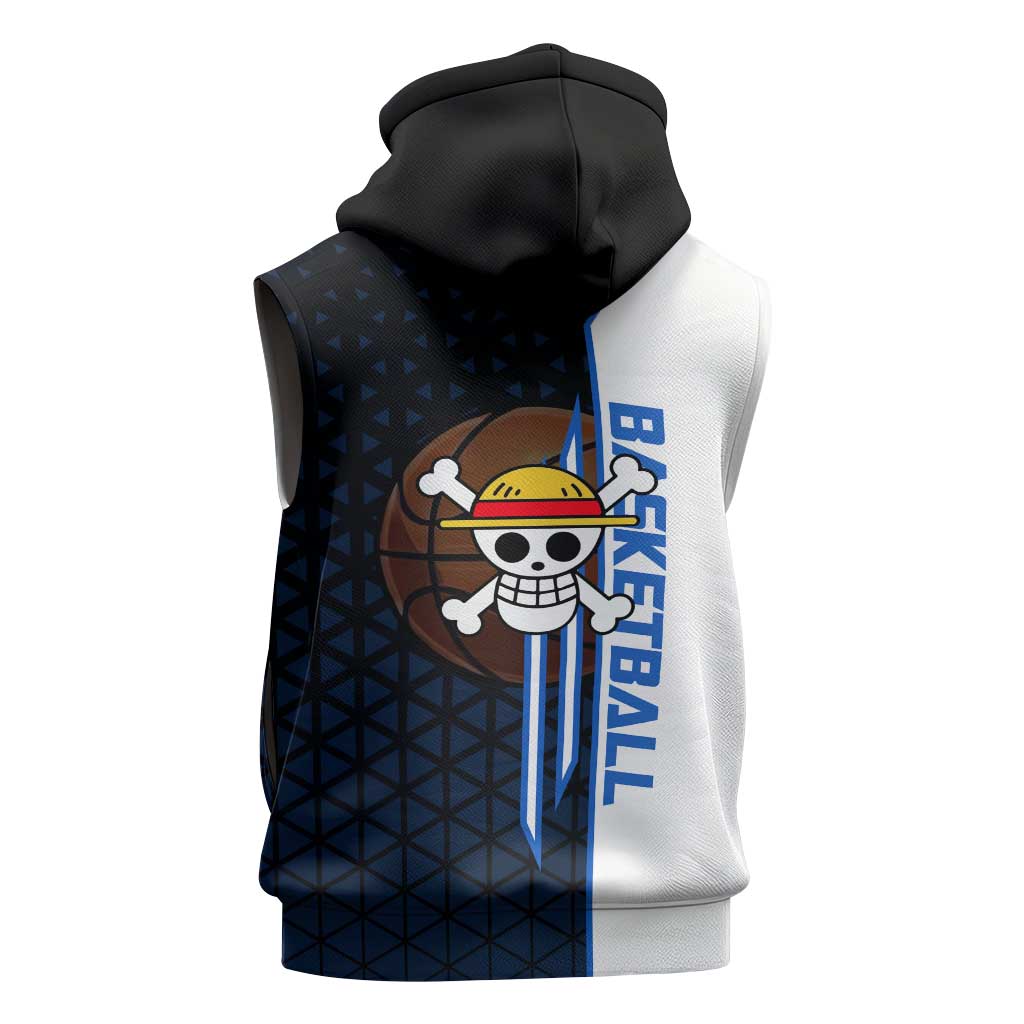 Luffy Gear 5 One Piece Basketball Theme White and Black Design Sleeveless Zip Hoodie with Straw Hat Emblem and Dynamic Action Pose - The Mazicc