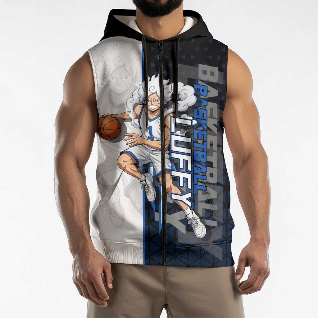 Luffy Gear 5 One Piece Basketball Theme White and Black Design Sleeveless Zip Hoodie with Straw Hat Emblem and Dynamic Action Pose - The Mazicc
