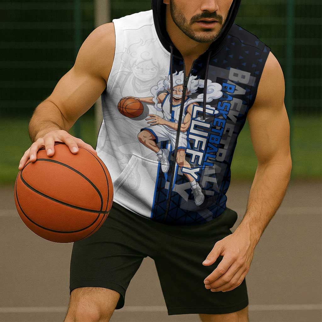 Luffy Gear 5 One Piece Basketball Theme White and Black Design Sleeveless Zip Hoodie with Straw Hat Emblem and Dynamic Action Pose - The Mazicc