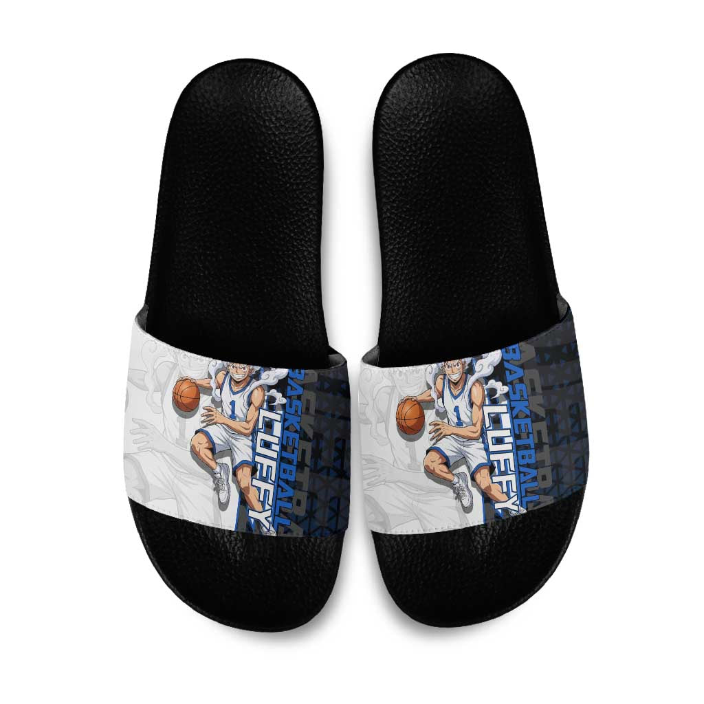 Luffy Gear 5 One Piece Basketball Theme White and Black Design Slide Sandals with Straw Hat Emblem and Dynamic Action Pose - The Mazicc