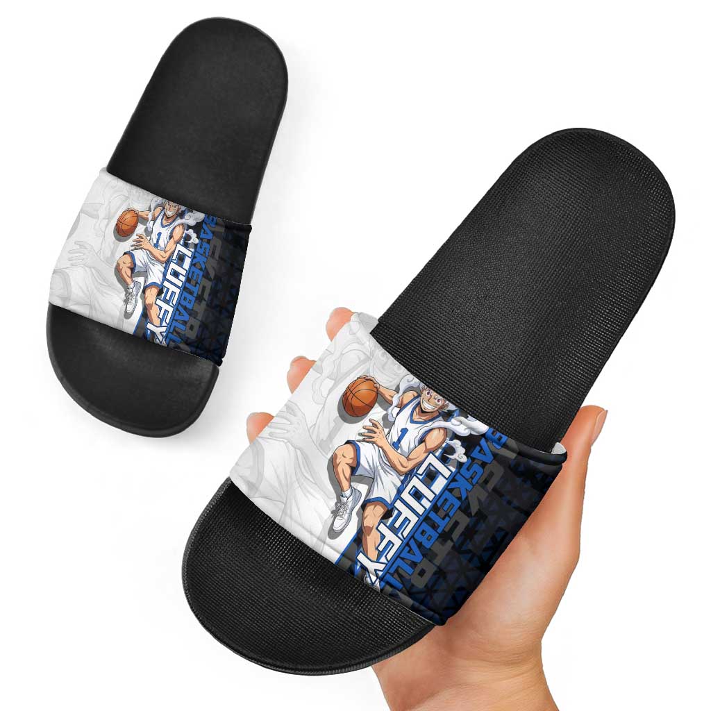 Luffy Gear 5 One Piece Basketball Theme White and Black Design Slide Sandals with Straw Hat Emblem and Dynamic Action Pose - The Mazicc