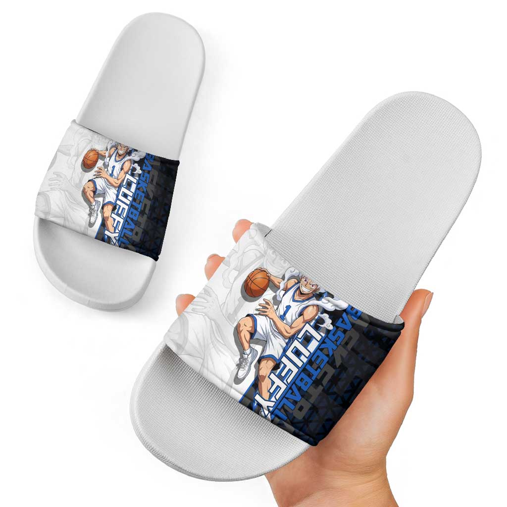 Luffy Gear 5 One Piece Basketball Theme White and Black Design Slide Sandals with Straw Hat Emblem and Dynamic Action Pose - The Mazicc
