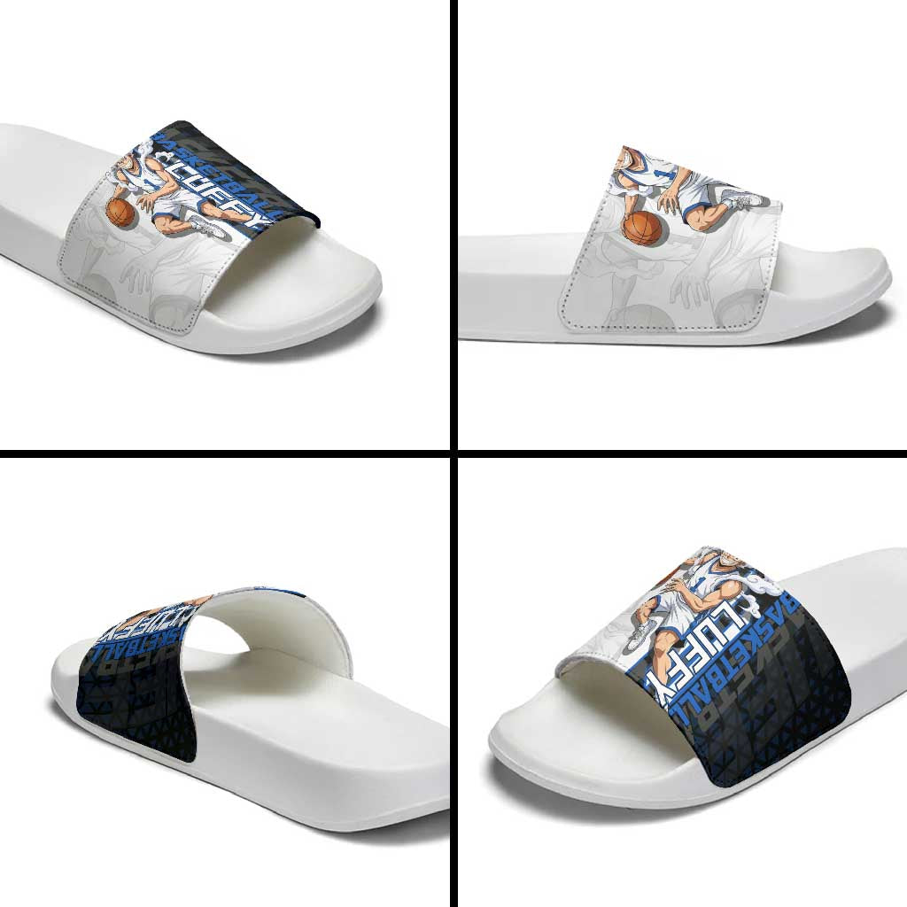 Luffy Gear 5 One Piece Basketball Theme White and Black Design Slide Sandals with Straw Hat Emblem and Dynamic Action Pose - The Mazicc