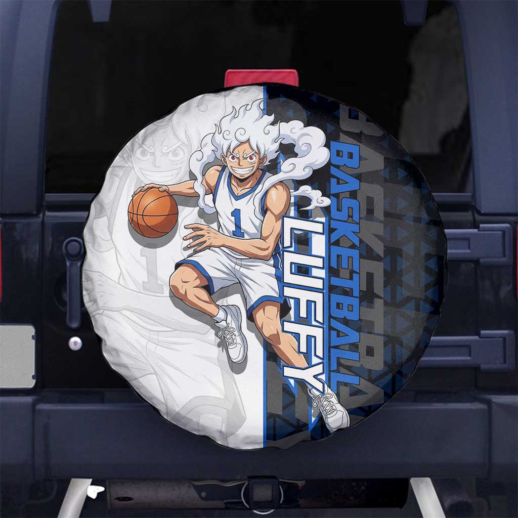 Luffy Gear 5 One Piece Basketball Theme White and Black Design Spare Tire Cover with Straw Hat Emblem and Dynamic Action Pose - The Mazicc