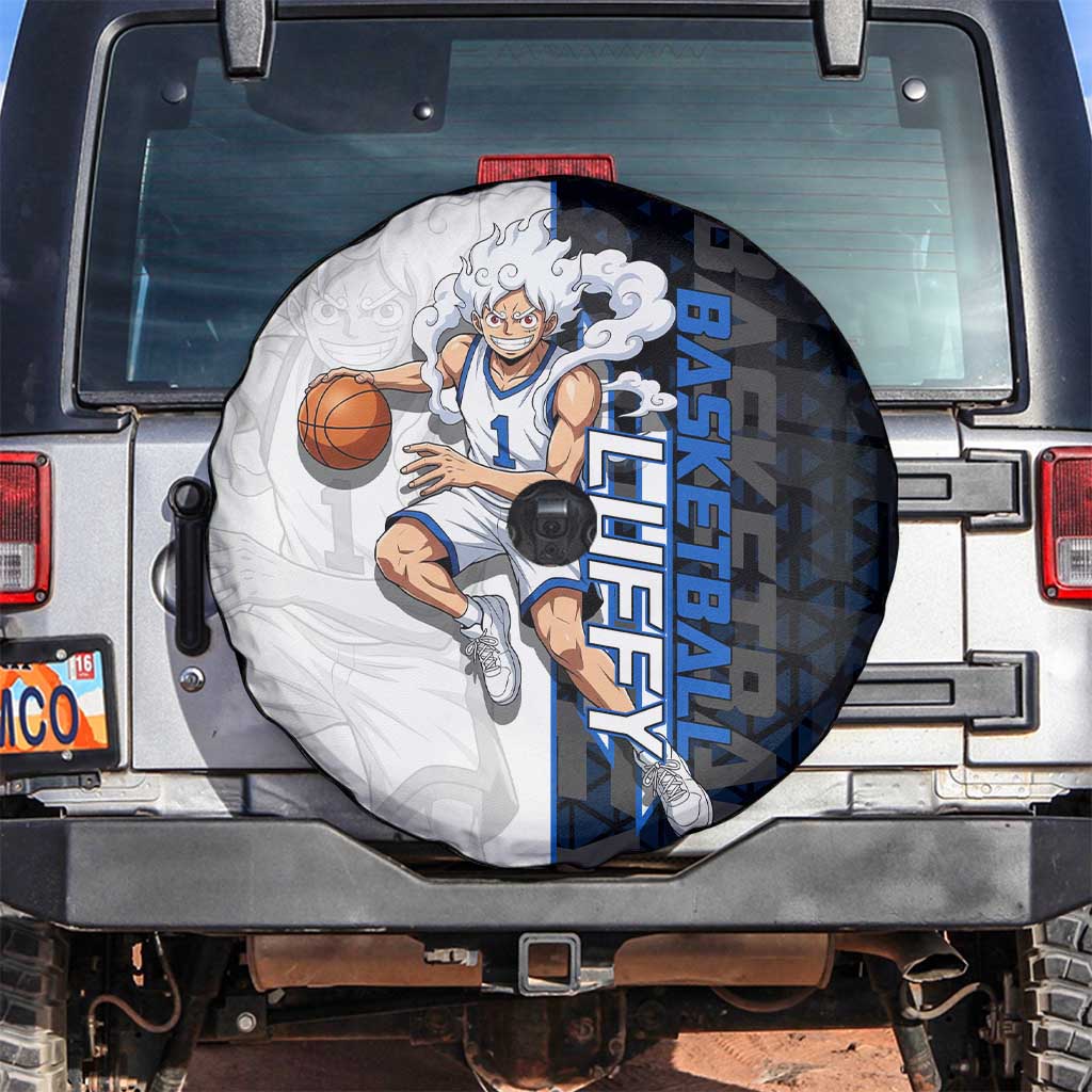 Luffy Gear 5 One Piece Basketball Theme White and Black Design Spare Tire Cover with Straw Hat Emblem and Dynamic Action Pose - The Mazicc