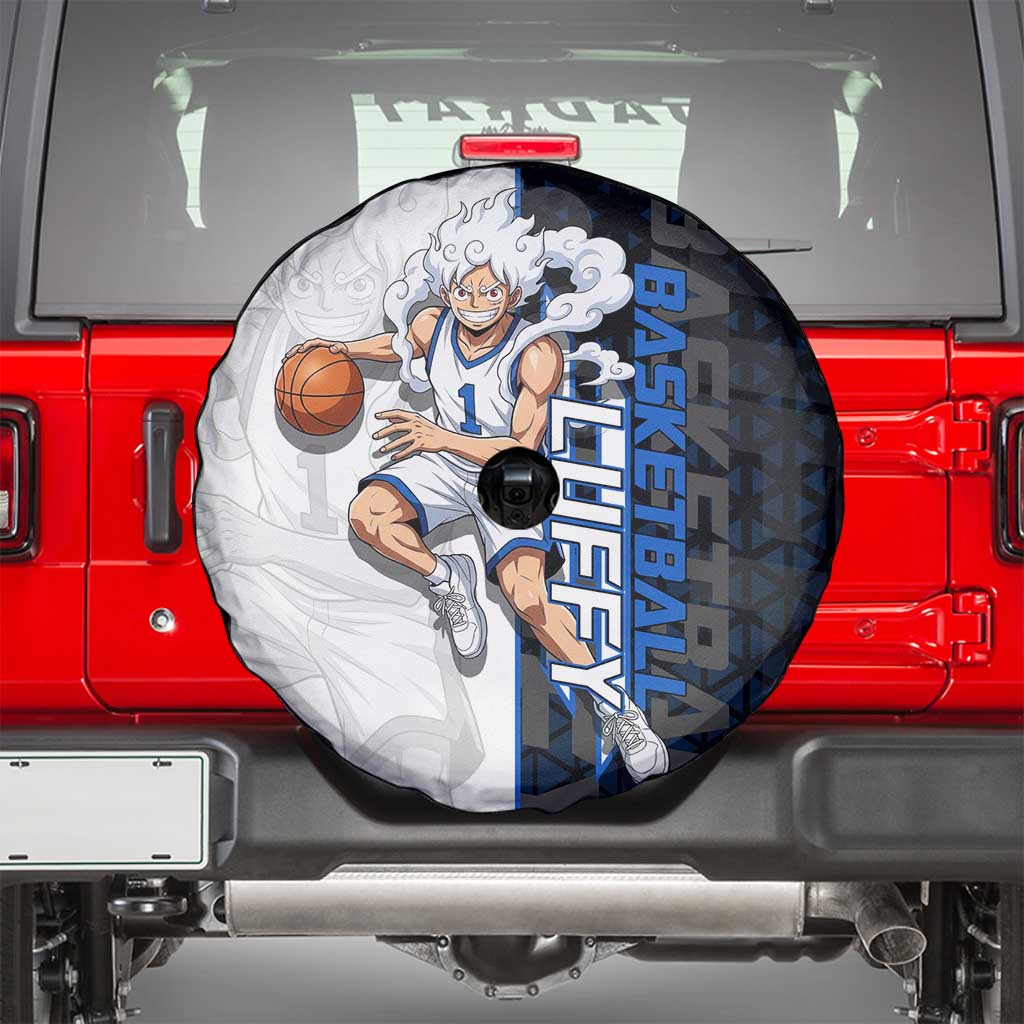 Luffy Gear 5 One Piece Basketball Theme White and Black Design Spare Tire Cover with Straw Hat Emblem and Dynamic Action Pose - The Mazicc