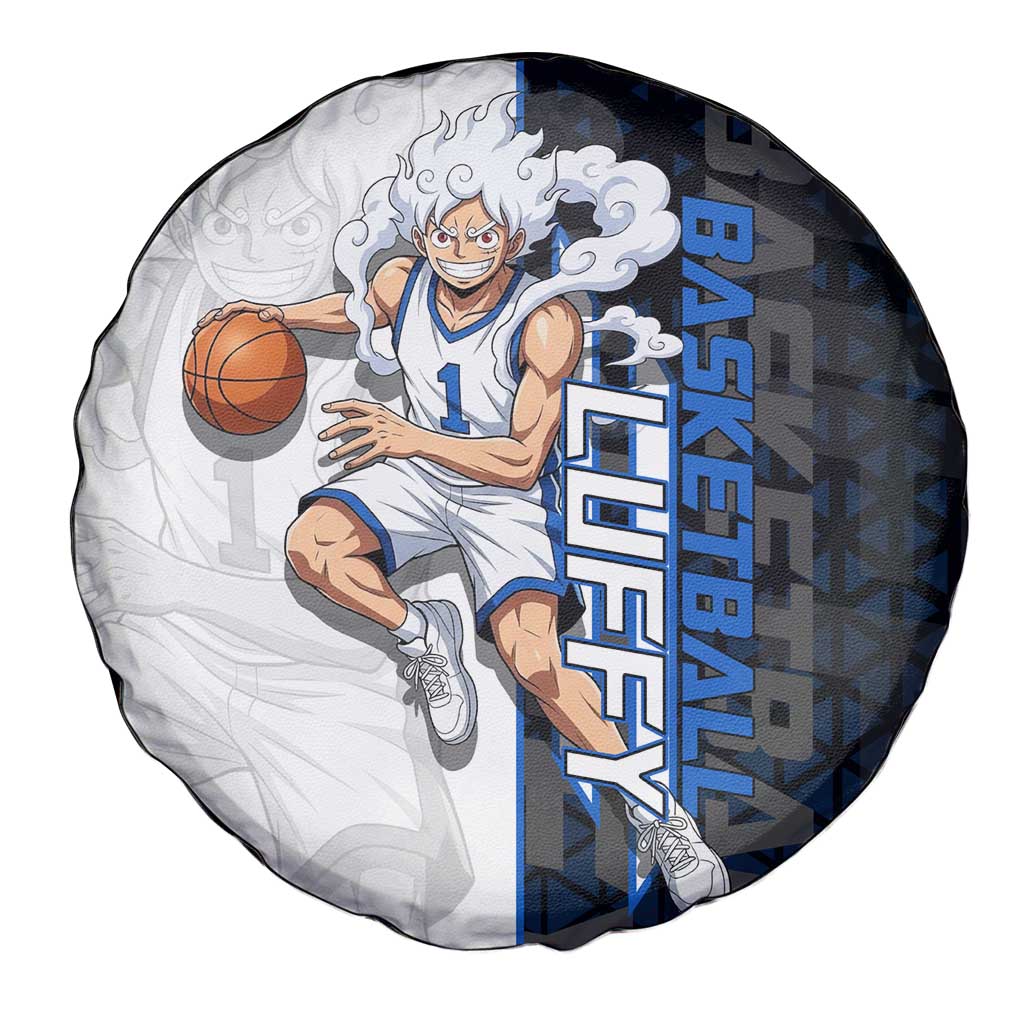 Luffy Gear 5 One Piece Basketball Theme White and Black Design Spare Tire Cover with Straw Hat Emblem and Dynamic Action Pose - The Mazicc
