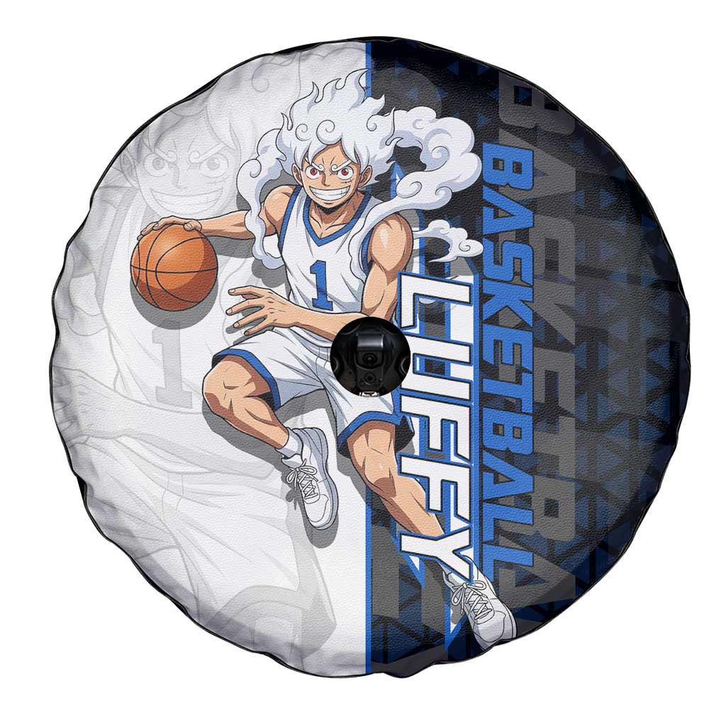Luffy Gear 5 One Piece Basketball Theme White and Black Design Spare Tire Cover with Straw Hat Emblem and Dynamic Action Pose - The Mazicc