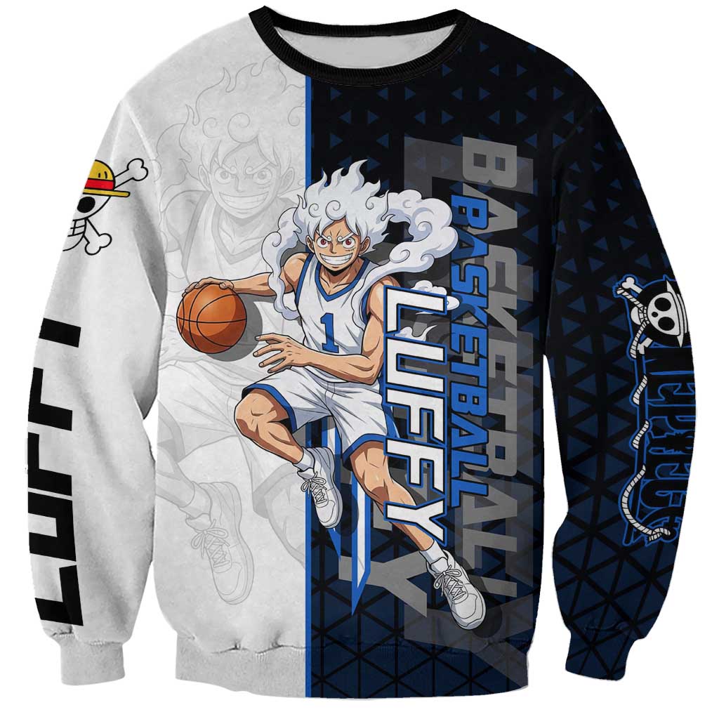 Luffy Gear 5 One Piece Basketball Theme White and Black Design Sweatshirt with Straw Hat Emblem and Dynamic Action Pose - The Mazicc