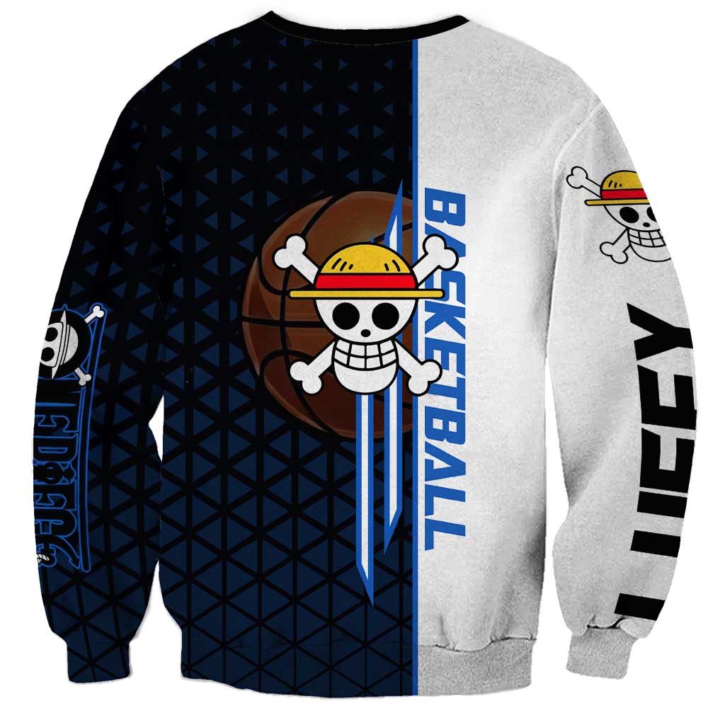 Luffy Gear 5 One Piece Basketball Theme White and Black Design Sweatshirt with Straw Hat Emblem and Dynamic Action Pose - The Mazicc