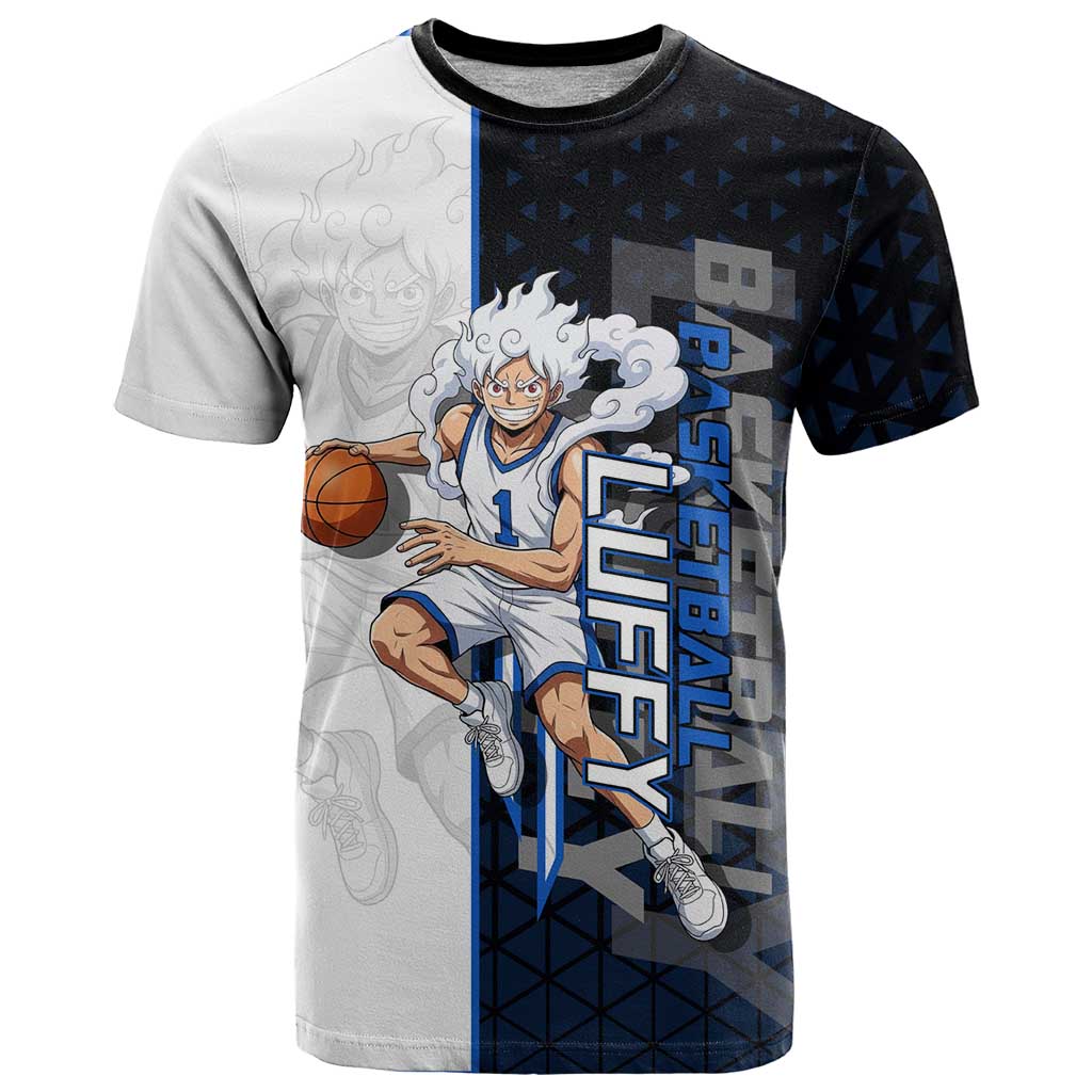 Luffy Gear 5 One Piece Basketball Theme White and Black Design T Shirt with Straw Hat Emblem and Dynamic Action Pose - The Mazicc