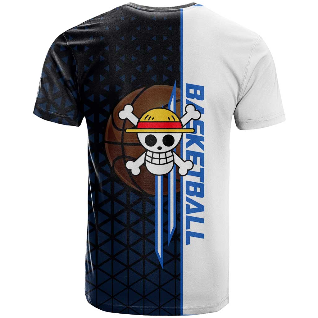 Luffy Gear 5 One Piece Basketball Theme White and Black Design T Shirt with Straw Hat Emblem and Dynamic Action Pose - The Mazicc