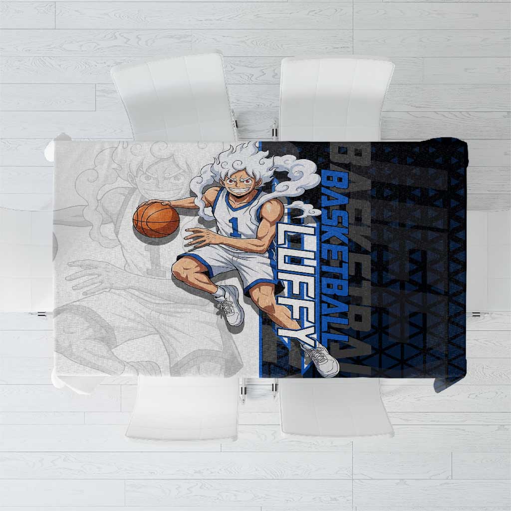 Luffy Gear 5 One Piece Basketball Theme White and Black Design Tablecloth with Straw Hat Emblem and Dynamic Action Pose - The Mazicc
