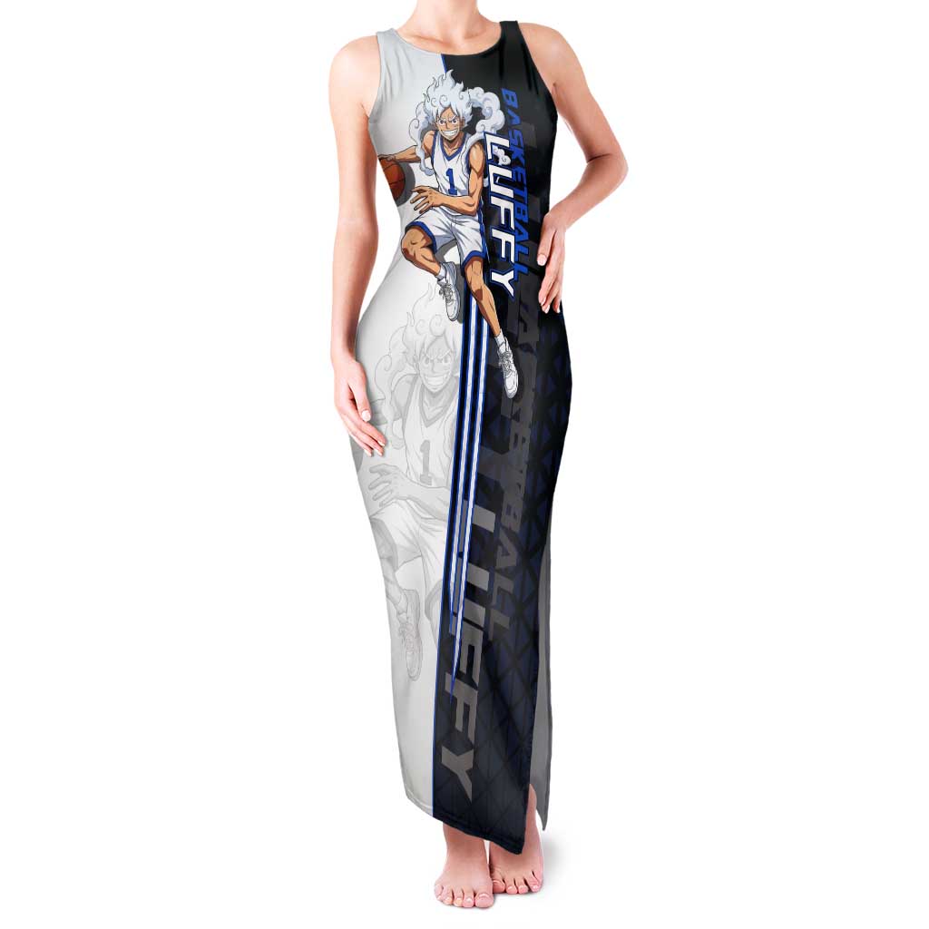Luffy Gear 5 One Piece Basketball Theme White and Black Design Tank Maxi Dress with Straw Hat Emblem and Dynamic Action Pose - The Mazicc