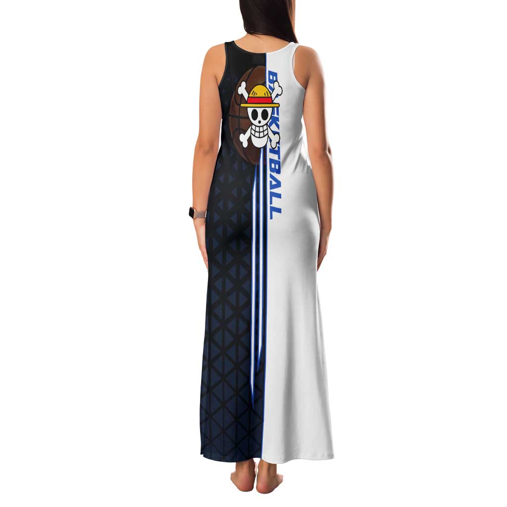 Luffy Gear 5 One Piece Basketball Theme White and Black Design Tank Maxi Dress with Straw Hat Emblem and Dynamic Action Pose - The Mazicc